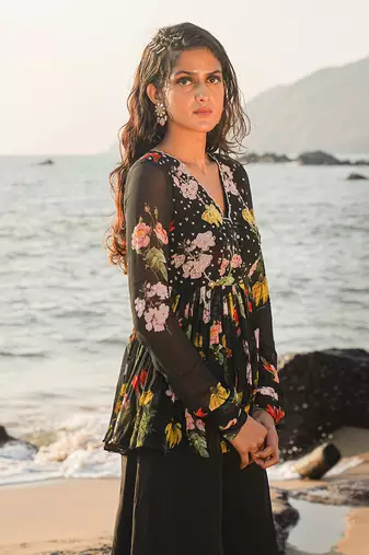 Black Viscose Georgette And Organza Plazo Set