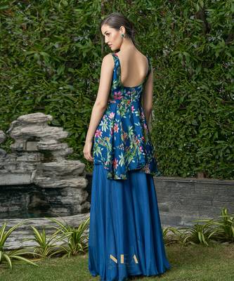 Navy Blue Viscose Georgette And Organza Plazo Set 3