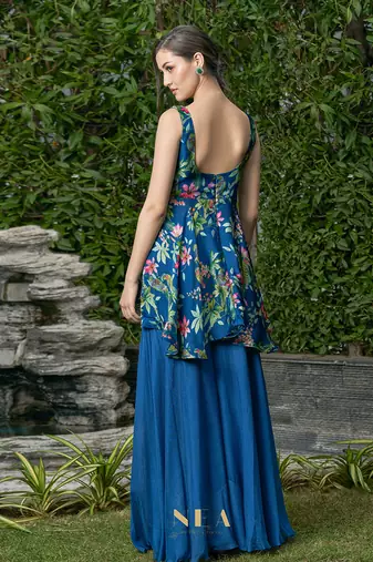 Navy Blue Viscose Georgette And Organza Plazo Set