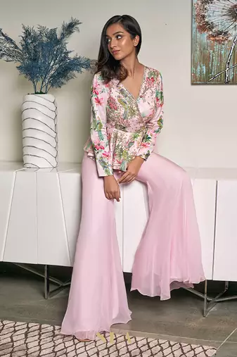 Blush Pink Raw Sik And Organza Plazo Set