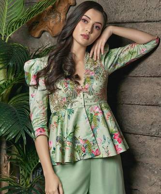 Mint Green Rawsil And Organza Plazo Set 1