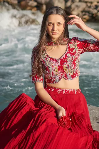 Marroon Viscose Georgette Lehenga Set