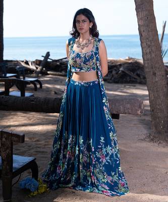 Navy Blue Viscose Georgette Lehenga Set 1