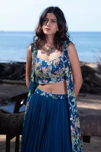 Navy Blue Viscose Georgette Lehenga Set