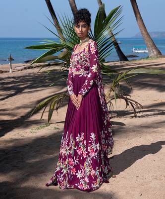 Wine Viscose Georgette Lehenga Set 1