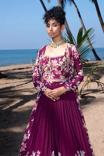 Wine Viscose Georgette Lehenga Set