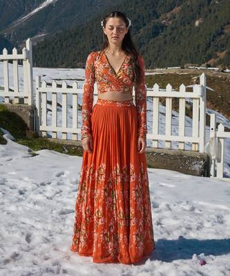 Orange Viscose Georgette Lehenga Set 1
