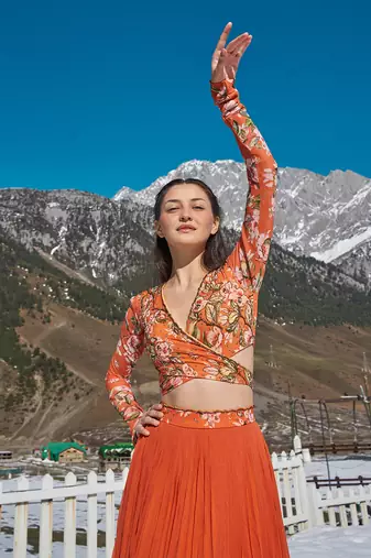 Orange Viscose Georgette Lehenga Set