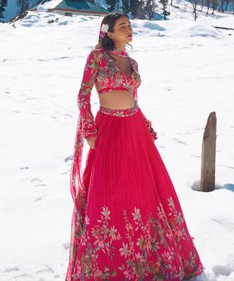 Hot Pink Viscose Georgette Lehenga Set 1