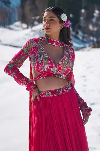 Hot Pink Viscose Georgette Lehenga Set