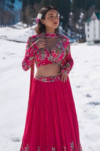 Hot Pink Viscose Georgette Lehenga Set