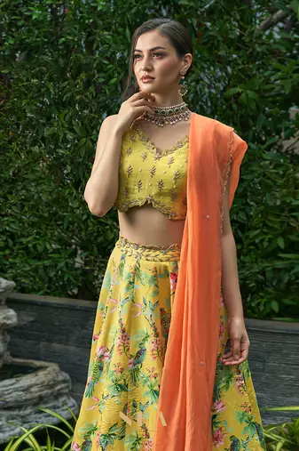 Yellow Rawsil And Organza Bridal  Lehenga