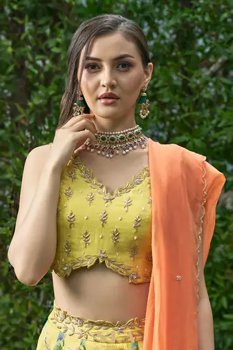 Yellow Rawsil And Organza Bridal  Lehenga