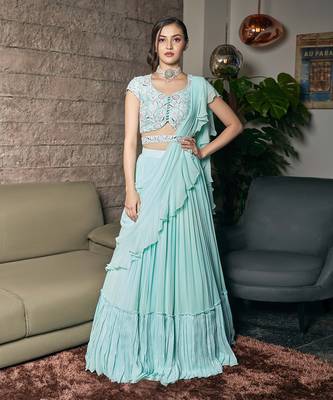 Sky Blue Raw Silk And Viscose Georgette Lehenga Set 1