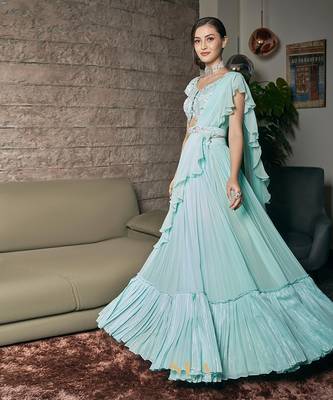 Sky Blue Raw Silk And Viscose Georgette Lehenga Set 2