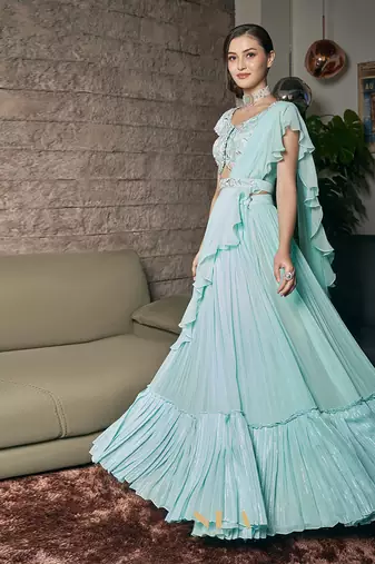 Sky Blue Raw Silk And Viscose Georgette Lehenga Set