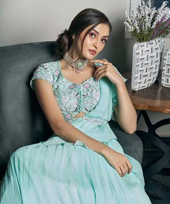 Sky Blue Raw Silk And Viscose Georgette Lehenga Set 3
