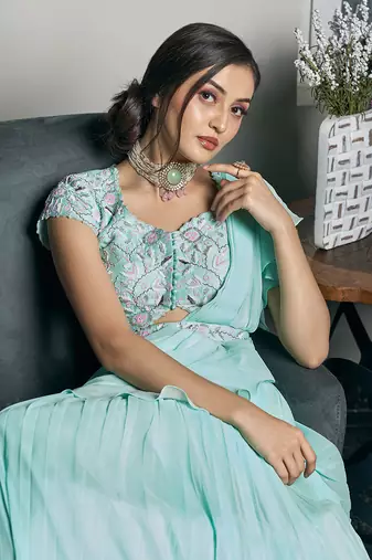 Sky Blue Raw Silk And Viscose Georgette Lehenga Set