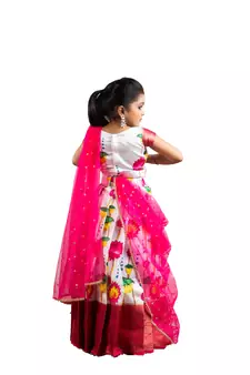 Shivangi Girls Pink Yellow Lotus Lehenga
