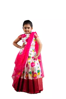 Shivangi Girls Pink Yellow Lotus Lehenga