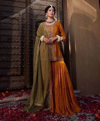 Mustard Yellow Multi Thread Embroidered Sharara Set 1