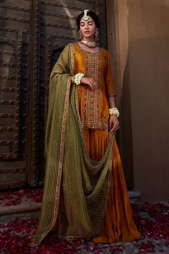 Mustard Yellow Multi Thread Embroidered Sharara Set