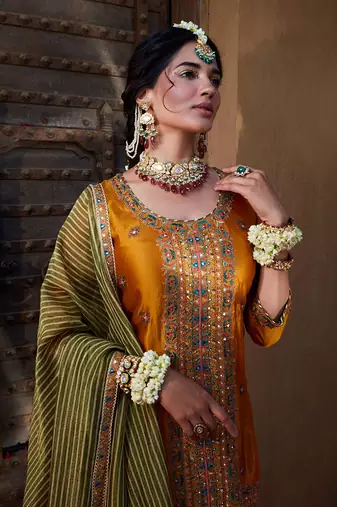 Mustard Yellow Multi Thread Embroidered Sharara Set