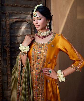 Mustard Yellow Multi Thread Embroidered Sharara Set 5