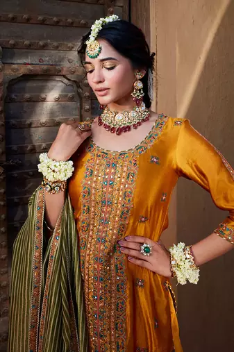 Mustard Yellow Multi Thread Embroidered Sharara Set