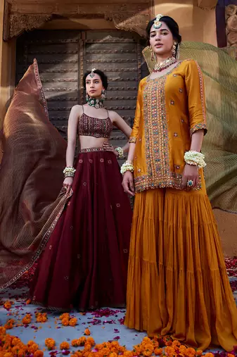 Mustard Yellow Multi Thread Embroidered Sharara Set