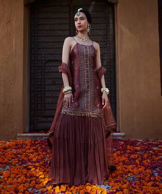 Rose Brown  Multi Thread Embroidered Sharara Set 1