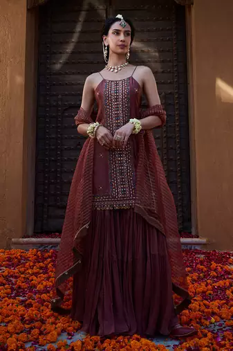 Rose Brown  Multi Thread Embroidered Sharara Set