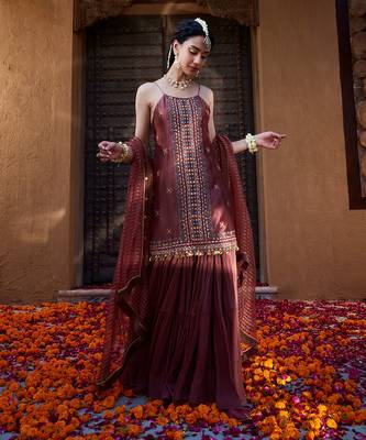 Rose Brown  Multi Thread Embroidered Sharara Set 3