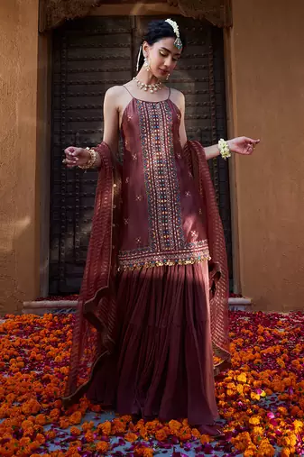 Rose Brown  Multi Thread Embroidered Sharara Set