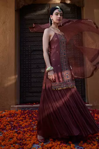 Rose Brown  Multi Thread Embroidered Sharara Set