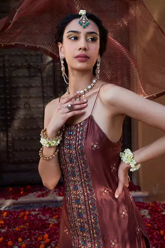 Rose Brown  Multi Thread Embroidered Sharara Set