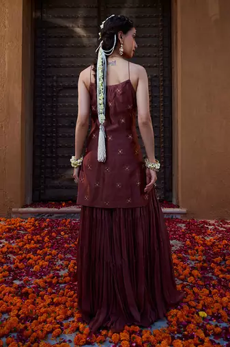 Rose Brown  Multi Thread Embroidered Sharara Set