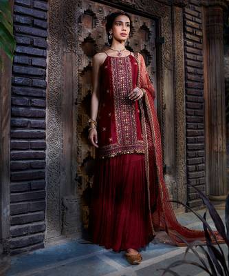 Maroon  Multi Thread Embroidered Sharara Set 1