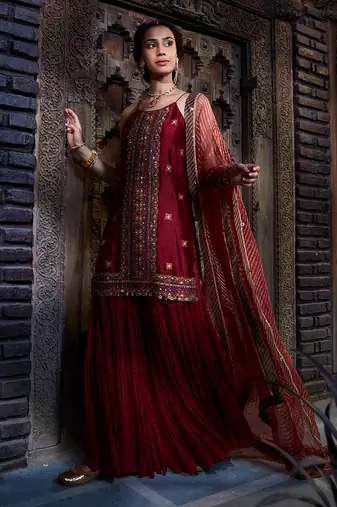 Maroon  Multi Thread Embroidered Sharara Set