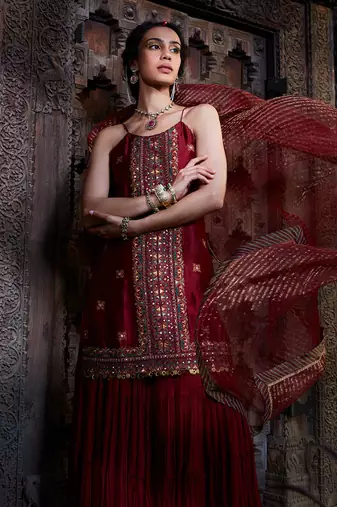Maroon  Multi Thread Embroidered Sharara Set