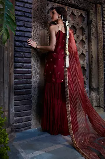 Maroon  Multi Thread Embroidered Sharara Set