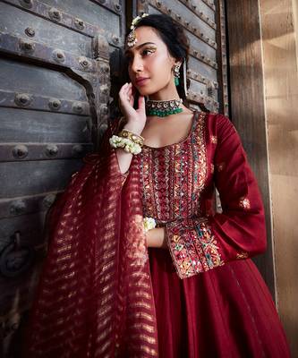 Maroon  Multi Thread Embroidered Anarkali Set 3