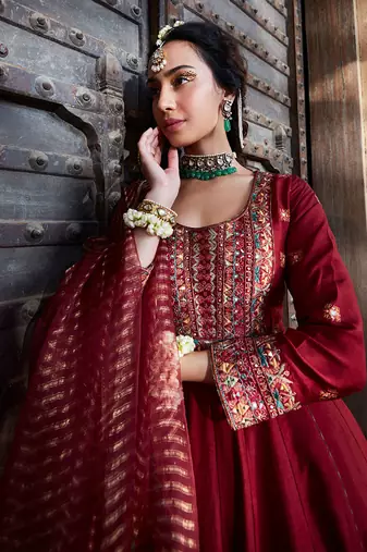 Maroon  Multi Thread Embroidered Anarkali Set