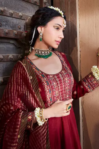 Maroon  Multi Thread Embroidered Anarkali Set