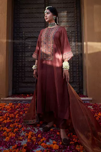 Rose Brown Multi Thread Embroidered Straight Kurta Set