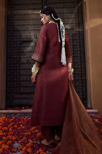 Rose Brown Multi Thread Embroidered Straight Kurta Set