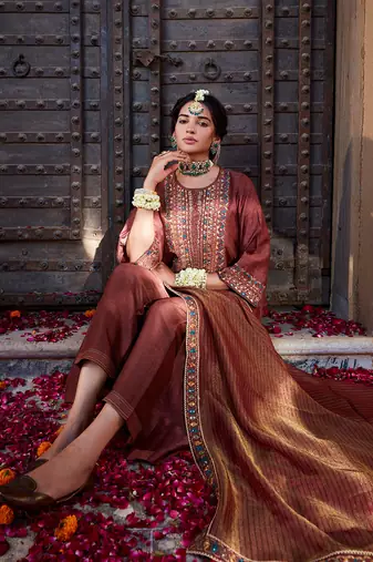 Rose Brown Multi Thread Embroidered Straight Kurta Set