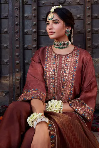 Rose Brown Multi Thread Embroidered Straight Kurta Set