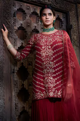 Maroon Gota Short Kurta Sharara