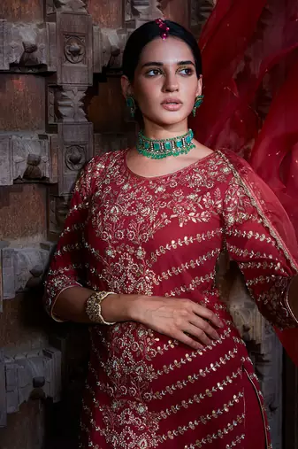 Maroon Gota Short Kurta Sharara